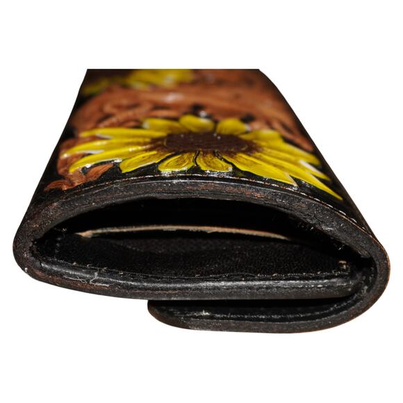 Hand Tooled Leather Sunflower Wallet Wristlet Black Brown Floral Western Boho - Picture 12 of 14